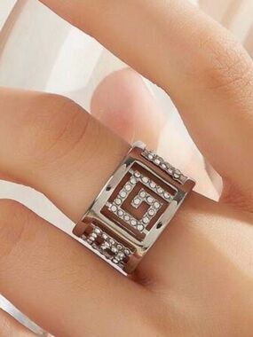Silver Crystal Greek Key Statement Ring Designer Inspired